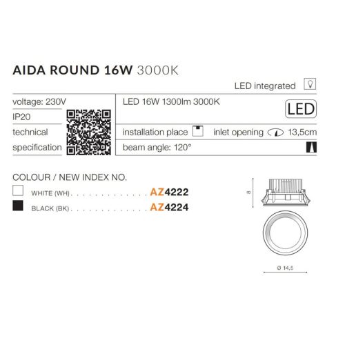 Точковий світильник AZzardo Aida Round 16w 3000k Bk - Зображення 3