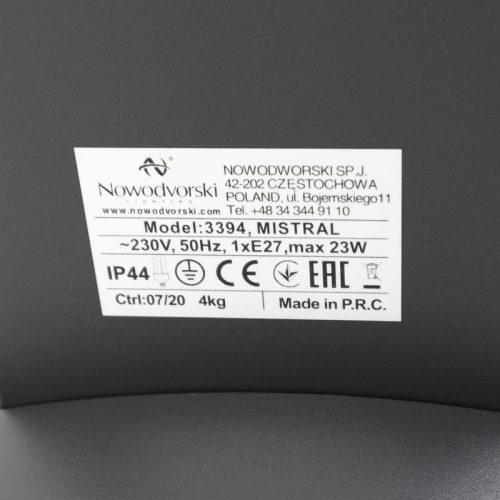 Вуличний світильник Nowodvorski Mistral E27 1x23W IP44 Сірий - Зображення 3